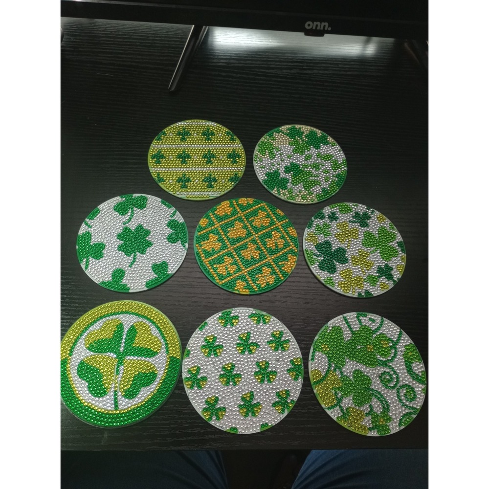 Handmade Diamond Art Shamrock Coaster Set of 8 Cork Backed St. Patrick's Day 4"